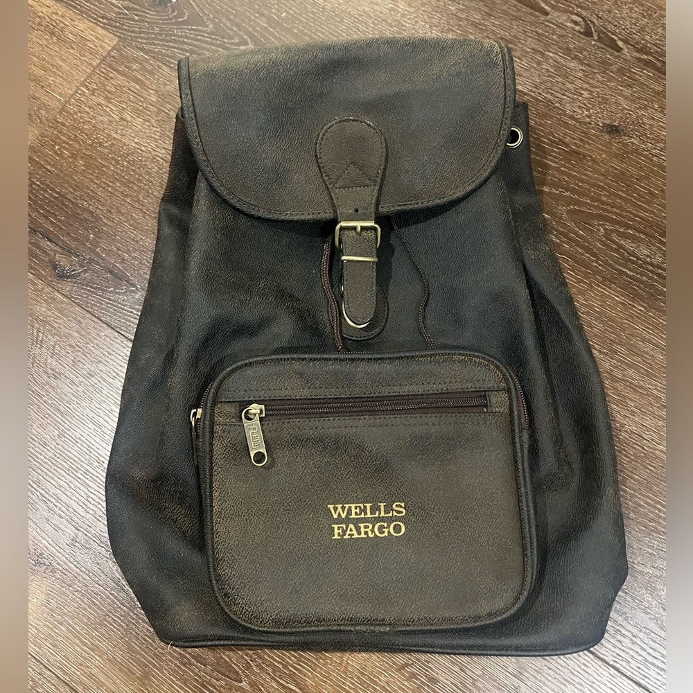Wells Fargo faux Leather Backpack dark brown